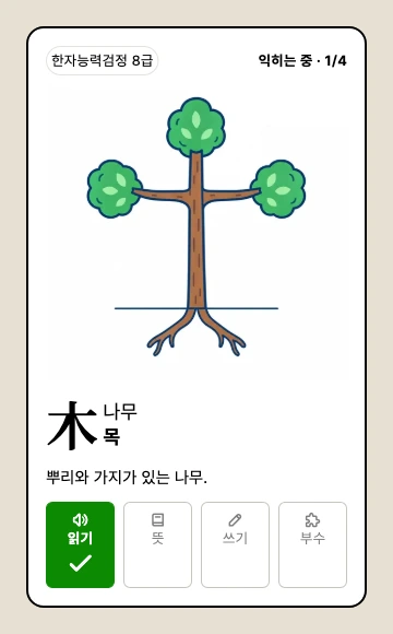실제 앱의 나무 목 학습 카드. 읽기·뜻·쓰기·부수 중 읽기를 익힌 상태
